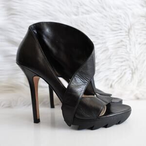 Camilla Skovgaard Black Leather Open Toe Platform High Heels Size 38.5